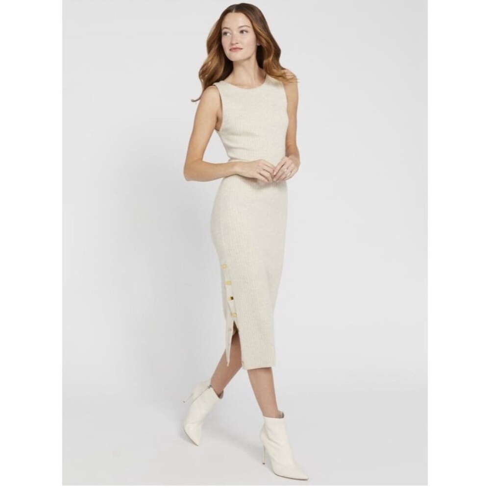 Alice+Olivia wool blend Rib-Knit Sweater crew neck Midi Dress Cream oatmeal L